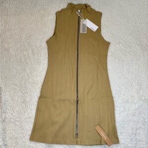 Reformation Size Medium Pollie Ribbed Knit Sleeveless Zip Front Dress Tan Camel